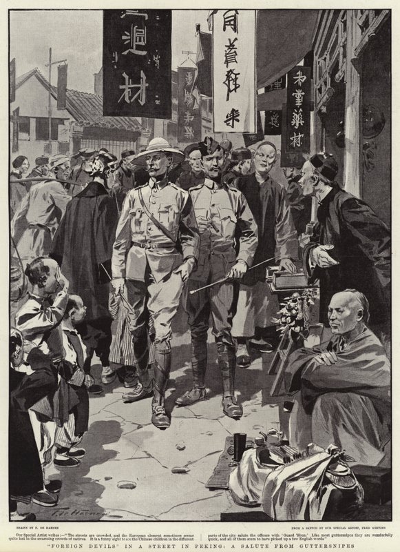 Buitenlandse duivels in een straat in Peking, een groet van straatjongens door Frederic de Haenen