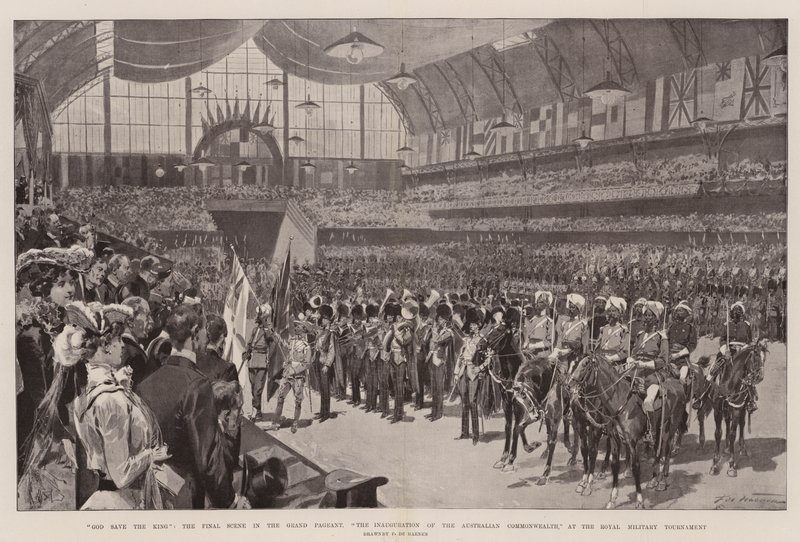 God save the King, de laatste scène in het grote spektakel, de inauguratie van het Australische Gemenebest, bij het Koninklijk Militair Toernooi door Frederic de Haenen