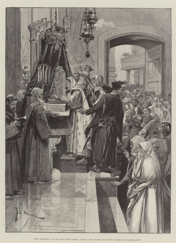 Witte Donderdag bij het Heilig Graf, de kolom kussend waar Christus werd gegeseld door Frederic de Haenen