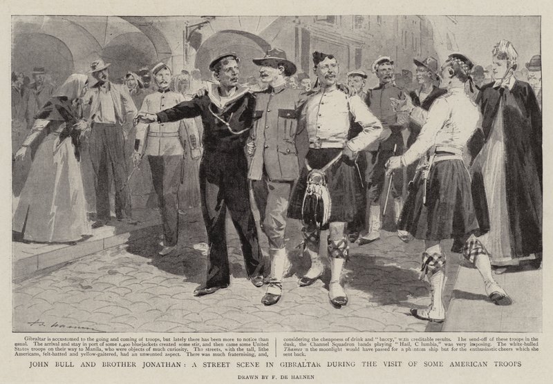 John Bull en broer Jonathan, een straattafereel in Gibraltar tijdens het bezoek van enkele Amerikaanse troepen door Frederic de Haenen