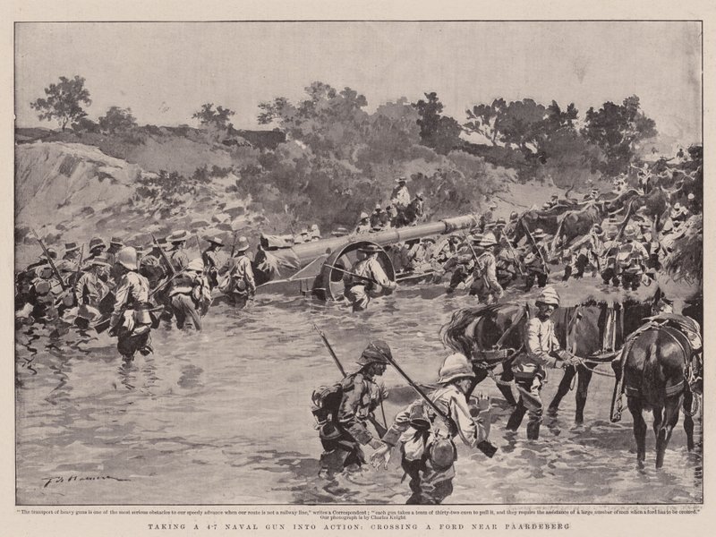 Een 4.7 marinekanon in actie brengen, een doorwaadbare plaats nabij Paardeberg oversteken door Frederic de Haenen