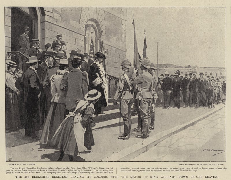 Het 2e Berkshire Regiment laat zijn kleuren achter bij de burgemeester van King William