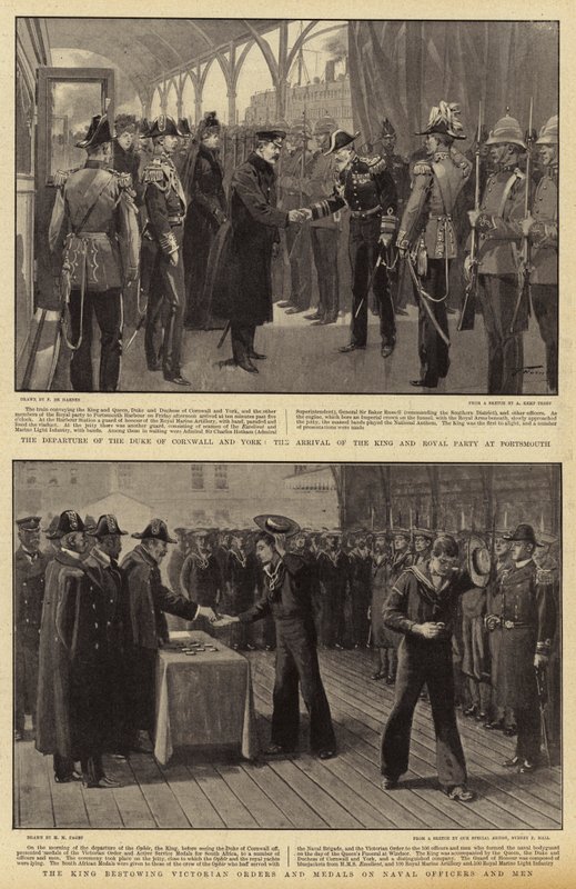 Het vertrek van de hertog van Cornwall en York, de aankomst van de koning en het koninklijk gezelschap in Portsmouth, de koning die Victoriaanse orden en medailles uitreikt aan marineofficieren en mannen door Frederic de Haenen