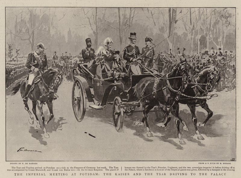 De keizerlijke ontmoeting in Potsdam, de keizer en de tsaar rijden naar het paleis door Frederic de Haenen
