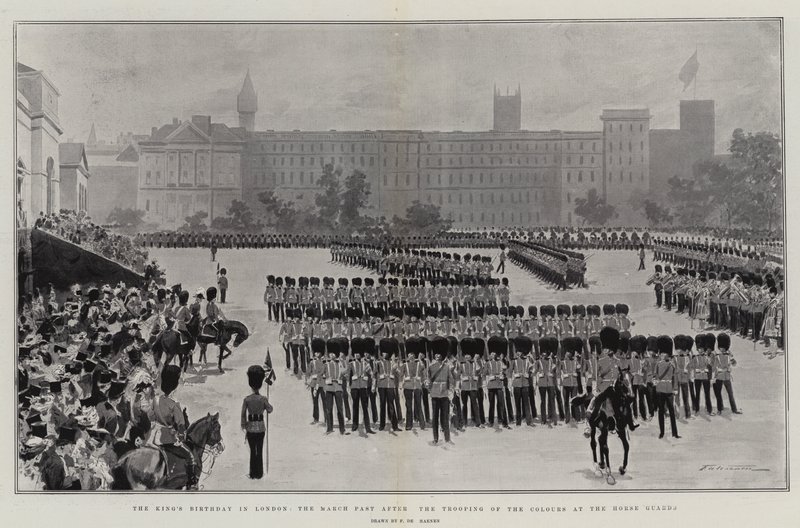 De Verjaardag van de Koning in Londen, de Mars na het Trooping of the Colours bij de Horse Guards door Frederic de Haenen