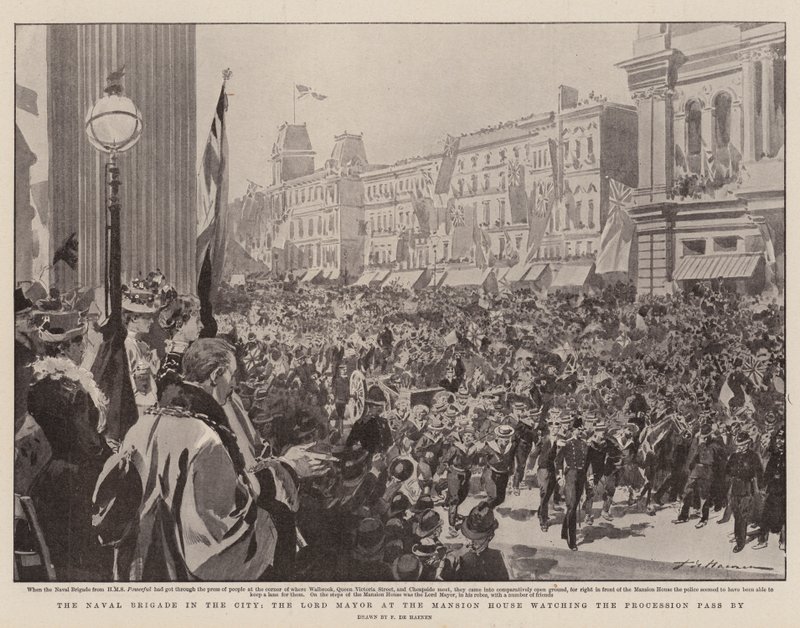 De marinebrigade in de stad, de burgemeester bij het Mansion House kijkt naar de voorbijgaande processie door Frederic de Haenen