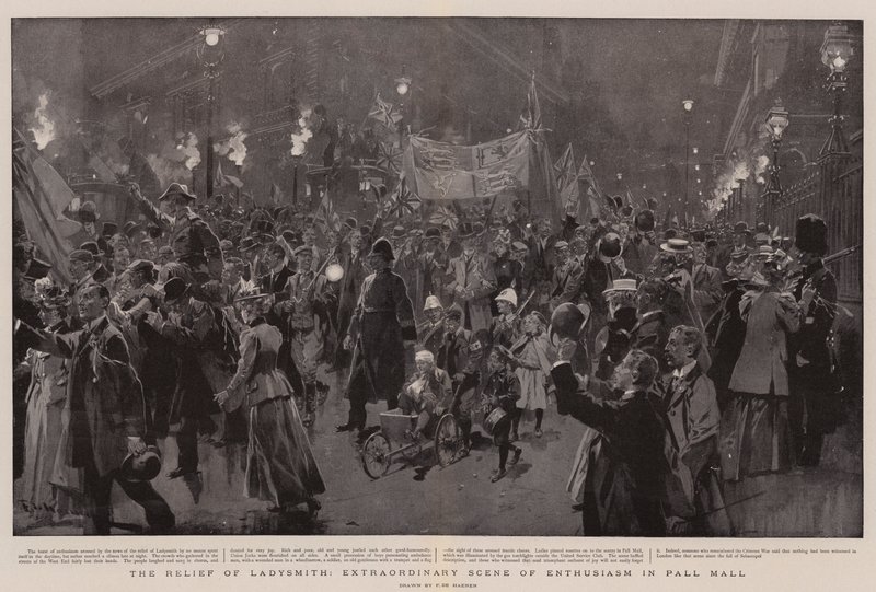De Bevrijding van Ladysmith, Buitengewone Scène van Enthousiasme in Pall Mall door Frederic de Haenen