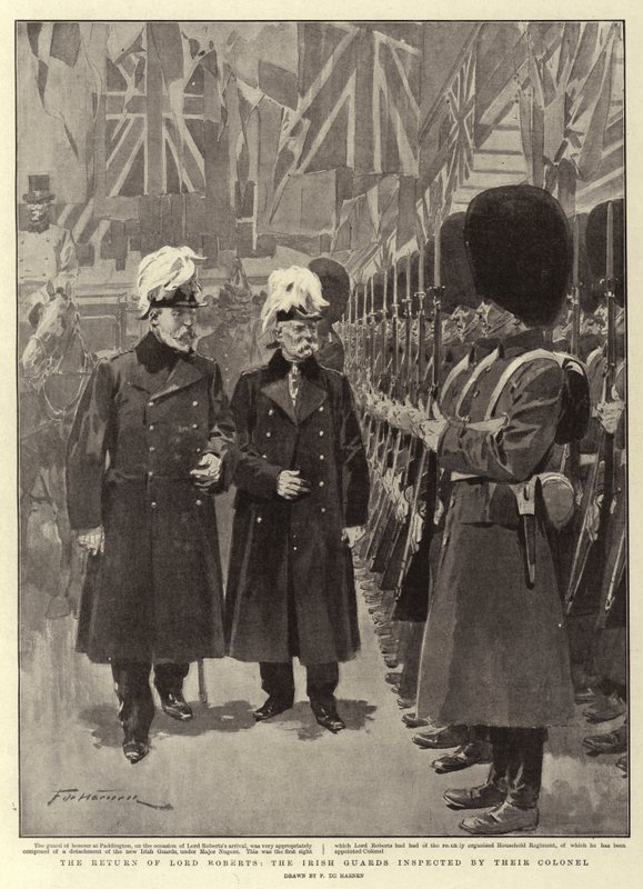 De Terugkeer van Lord Roberts, de Ierse Garde geïnspecteerd door hun Kolonel door Frederic de Haenen