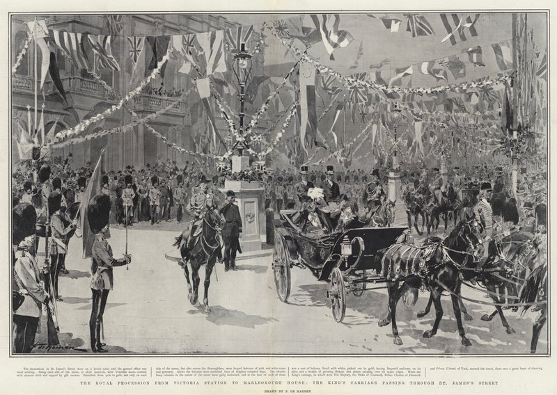 De Koninklijke Processie van Victoria Station naar Marlborough House, de Koets van de Koning die door St James