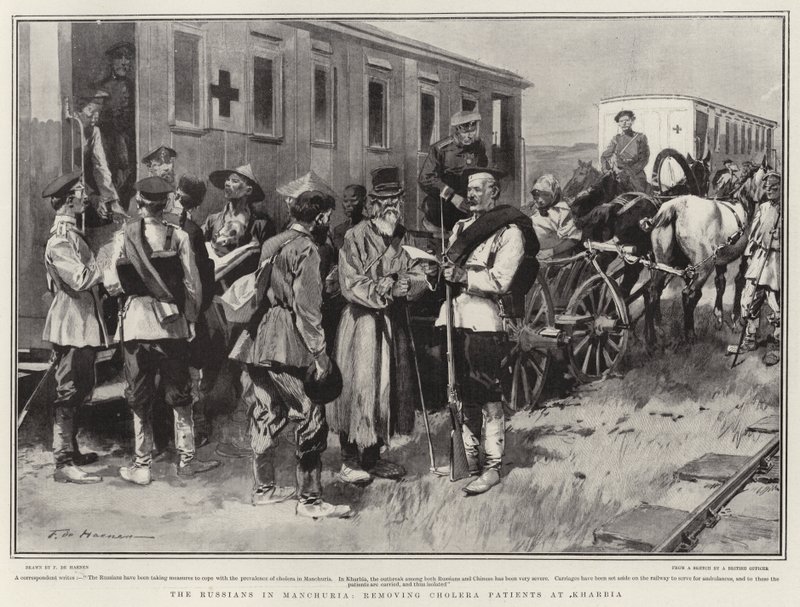 De Russen in Mantsjoerije, Cholerapatiënten verwijderen in Kharbia door Frederic de Haenen