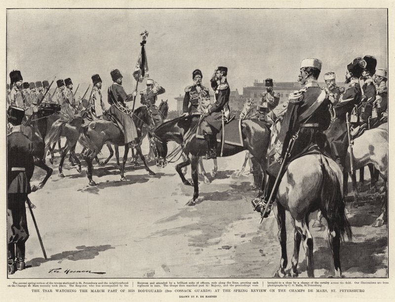 De tsaar kijkt naar de mars van zijn lijfwacht (2e Kozakkenwacht) tijdens de lentereview op de Champs de Mars, St. Petersburg door Frederic de Haenen