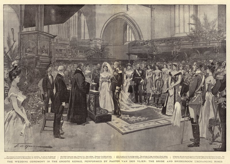 De huwelijksceremonie in de Groote Kerke, uitgevoerd door dominee Van der Vlier, de bruid en bruidegom wisselen ringen uit door Frederic de Haenen