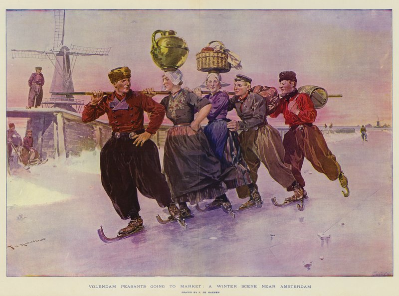 Volendamse Boeren gaan naar de Markt, een Winters Tafereel nabij Amsterdam door Frederic de Haenen