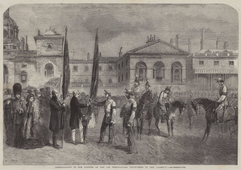 Presentatie van de Kleuren van de Oude Westminster Vrijwilligers aan de Koningin door Frederick John Skill