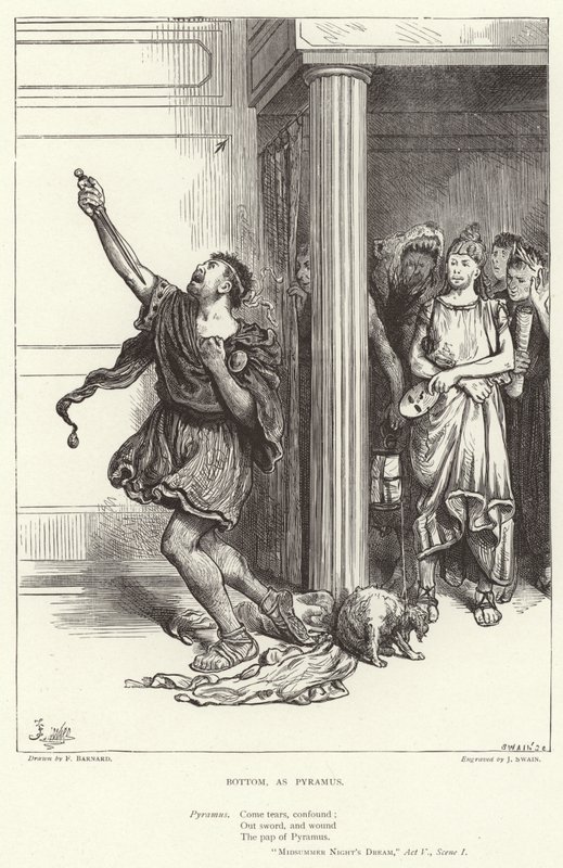 Bottom, als Pyramus, Midzomernachtsdroom, Act V, Scene I door Frederick Barnard