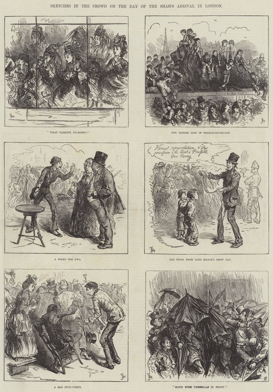 Schetsen in de menigte op de dag van de aankomst van de sjah in Londen door Frederick Barnard