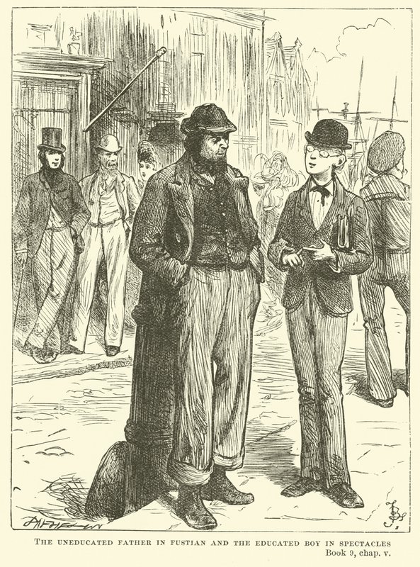 De ongeschoolde vader in fustian en de geschoolde jongen met een bril door Frederick Barnard