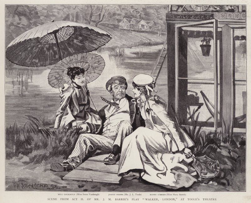Engelse acteurs Irene Vanbrugh, John Lawrence Toole en Mary Ansell in een productie van J M Barrie