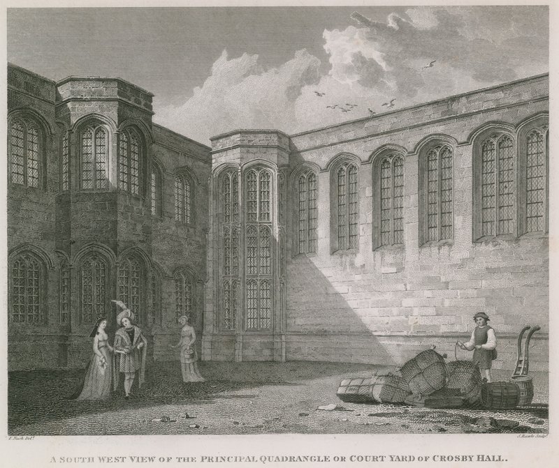 Een zuidwestelijk uitzicht op de hoofdbinnenplaats van Crosby Hall door Frederick Nash