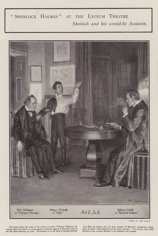 Een uitvoering van Sherlock Holmes in het Lyceum Theatre, Londen (litho) door Frederick Pegram