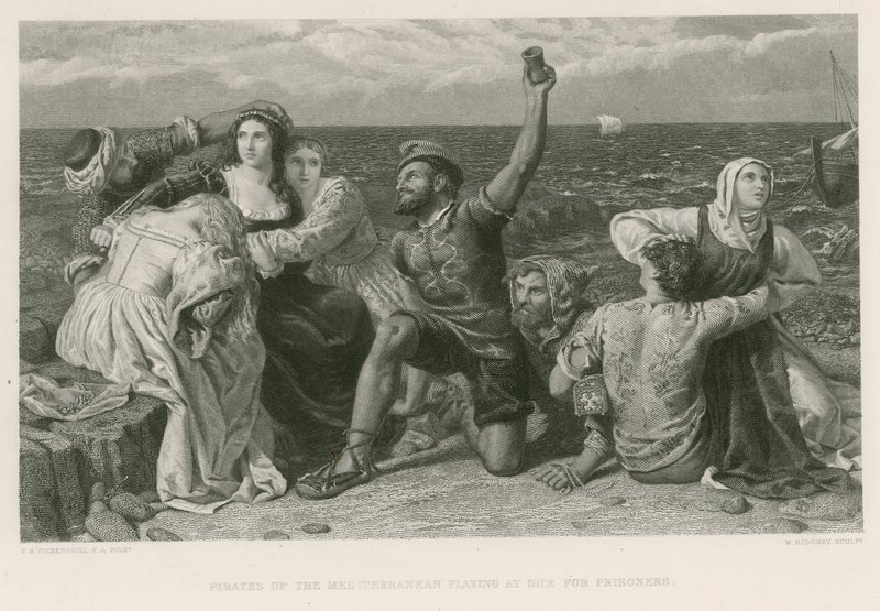 Piraten van de Middellandse Zee spelen dobbelstenen voor gevangenen (gravure) door Frederick Richard Pickersgill