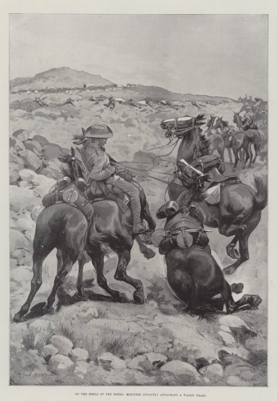 Op de Hielen van de Boeren, Bereden Infanterie die een Wagenkonvooi Aanvalt door Frederick William Burton