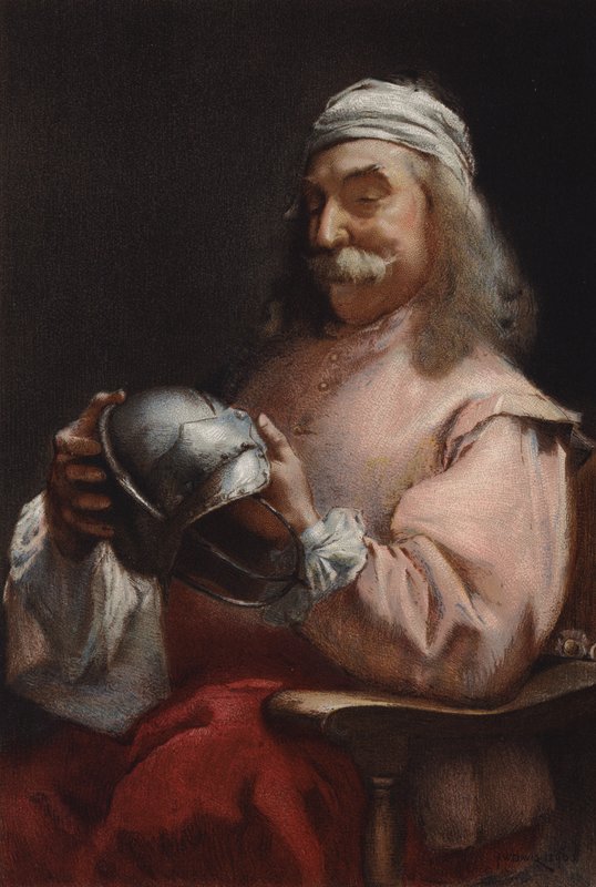 Een Vriend in Nood, portret van een man die naar een helm kijkt door Frederick William Davis