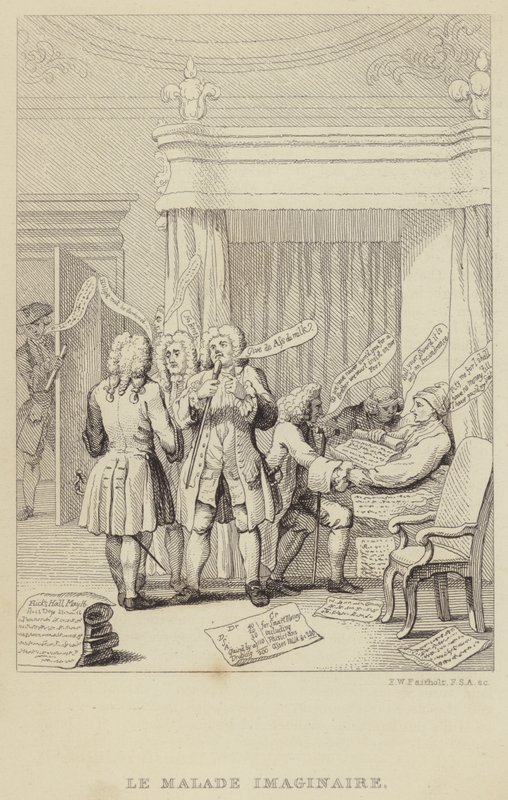 Le Malade Imaginaire: satire die auteur en botanicus John Hill in bed afbeeldt, geraadpleegd door een reeks artsen die allemaal vastbesloten zijn hun honoraria veilig te stellen door Frederick William Fairholt