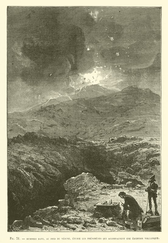 Humphry Davy bestudeert de verschijnselen die een vulkaanuitbarsting begeleiden aan de voet van de Vesuvius door French School