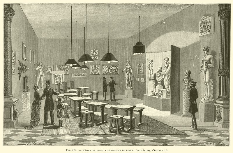 De tekenschool op de tentoonstelling van München, verlicht door elektriciteit door French School