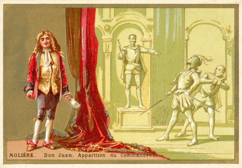 Molière, Franse toneelschrijver, en een scène uit zijn stuk Don Juan door French School