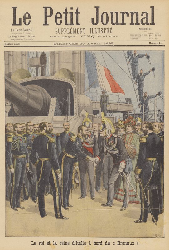 De koning en koningin van Italië aan boord van het Franse slagschip Brennus door French School