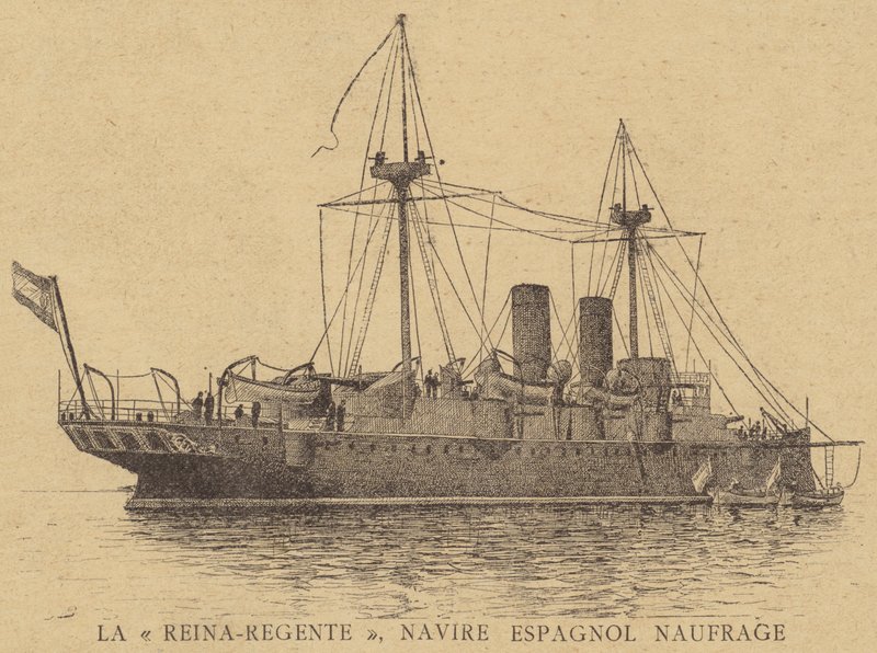 De Spaanse beschermde kruiser Reina Regente, verloren op zee met alle bemanningsleden door French School