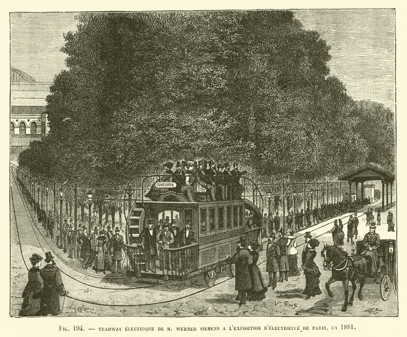 Elektrische tram van M. Werner Siemens op de Elektriciteitstentoonstelling van Parijs, 1881 door French School