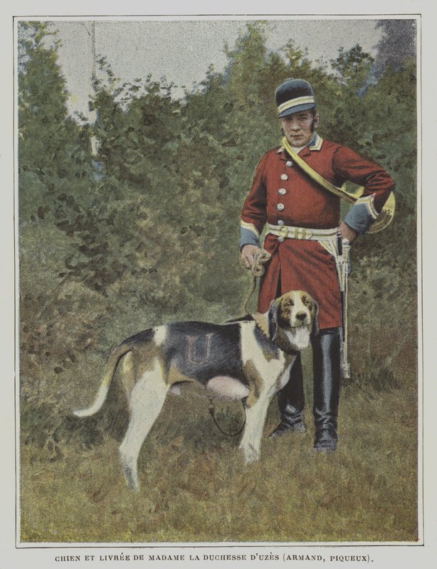 Hond en jager in de livrei van de jacht van de Hertogin van Uzes, Frankrijk door French Photographer