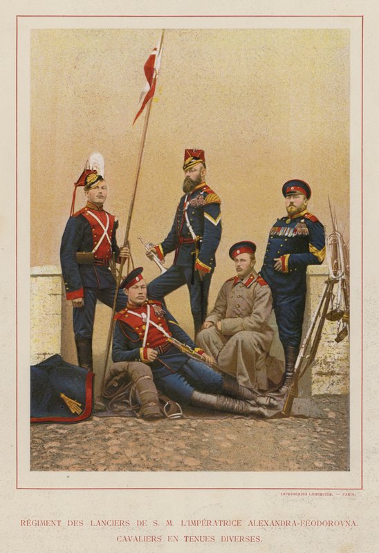 Het Russische leger: Regiment Lansiers van H.M. Keizerin Alexandra-Feodorovna, Ruiters in Diverse Uniformen door French Photographer