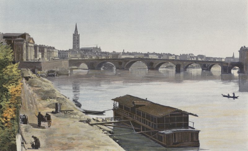 Toulouse, Pont-Neuf en Kerk N D, de Dalbade, Uitzicht stroomafwaarts, genomen op de rechteroever van de Garonne door French Photographer