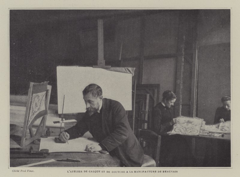 Teken- en naaiwerkplaats in de Beauvais Tapestry Manufacture, Frankrijk door French Photographer