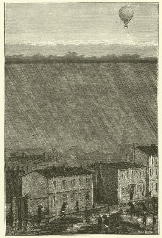 Een ballon boven de regen (gravure) door French School