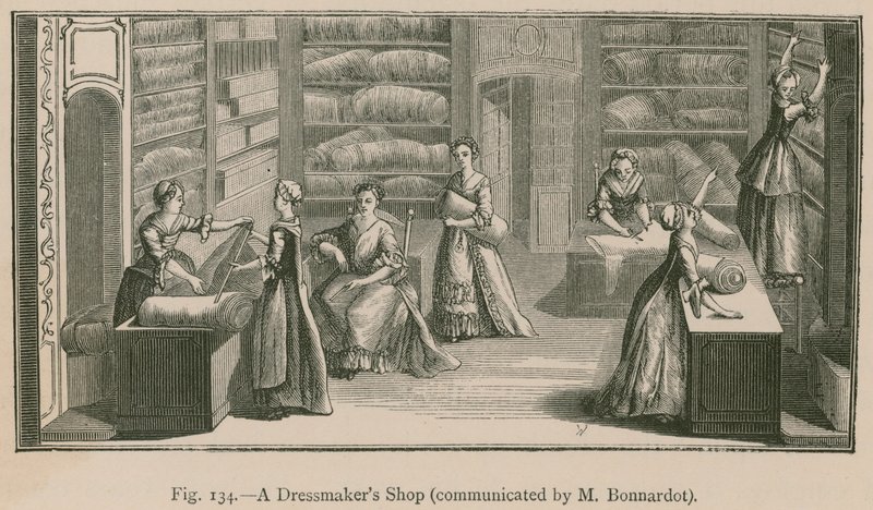 Een naaiatelier (gecommuniceerd door M. Bonnardot) door French School