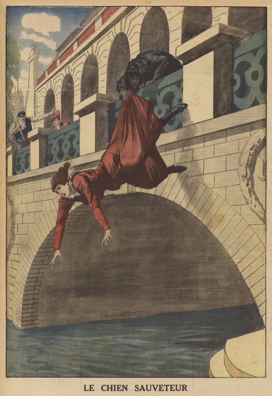 Een hond redt een vrouw van een val van een brug (kleur litho) door French School