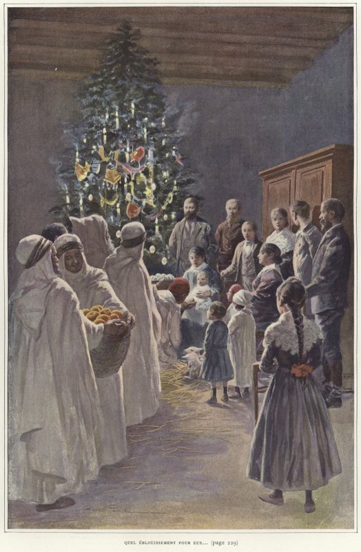 Een familie kijkt naar een kerststal bij een kerstboom door French School