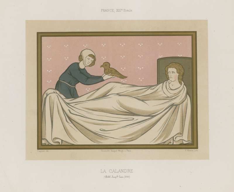 Een figuur die een vogel presenteert aan een persoon die in bed ligt door French School