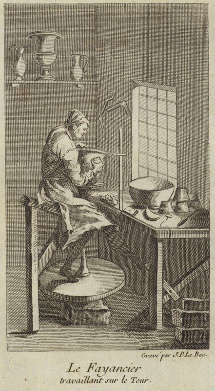 Een pottenbakker aan het werk op de draaischijf door French School