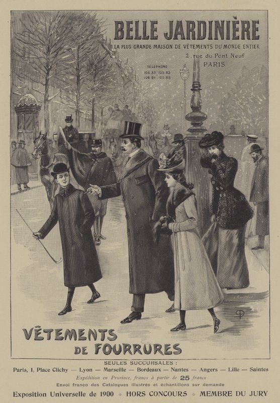 Advertenties voor bontkleding van Belle Jardiniere, Parijs door French School