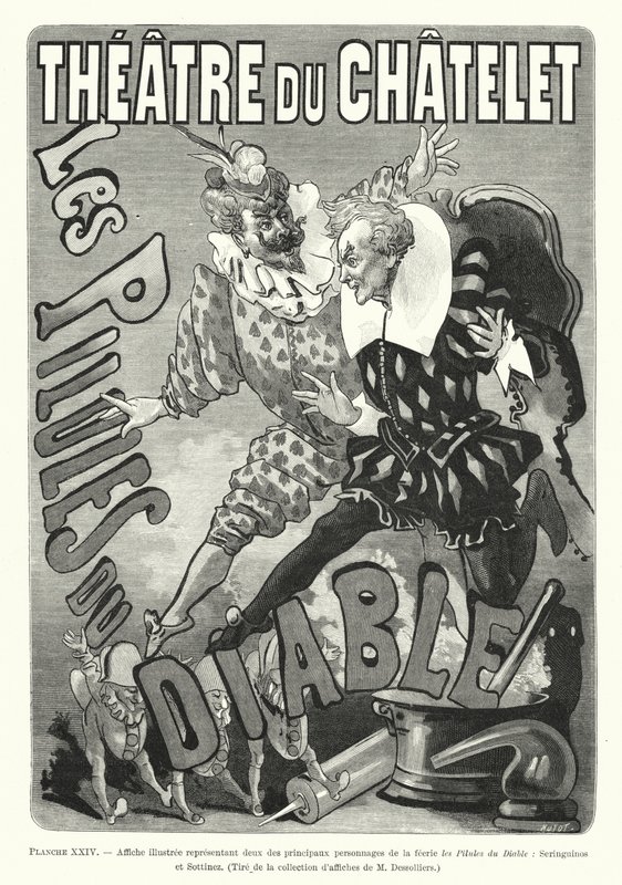 Affiche met twee hoofdpersonen van de feërie Les Pilules du Diable, Seringuinos en Sottinez door French School