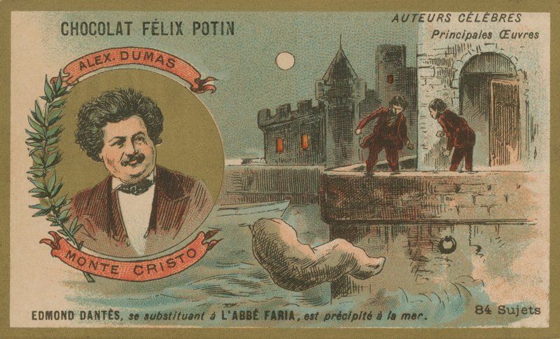 Alexandre Dumas en een scène uit De Graaf van Monte Cristo door French School