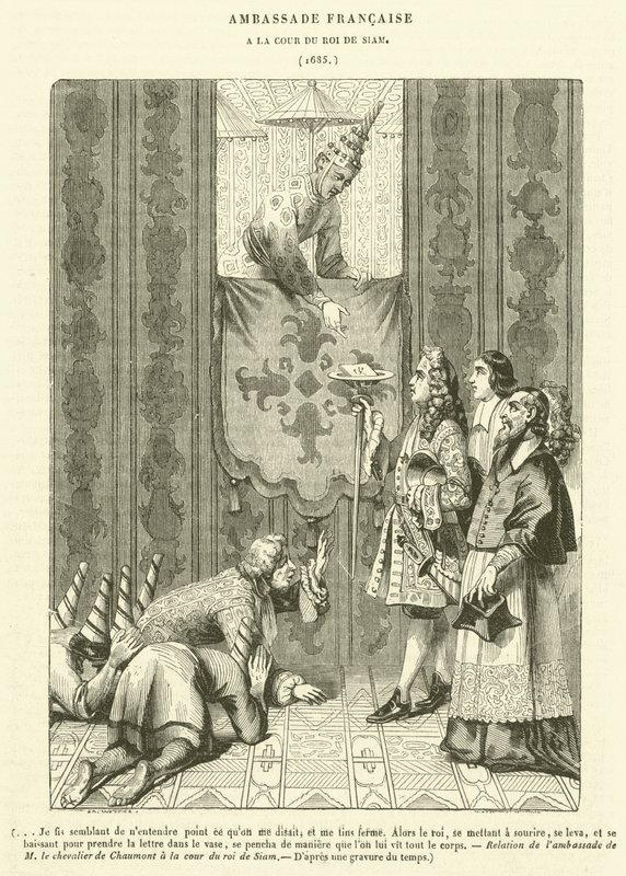 Franse ambassade, aan het hof van de koning van Siam (gravure) door French School