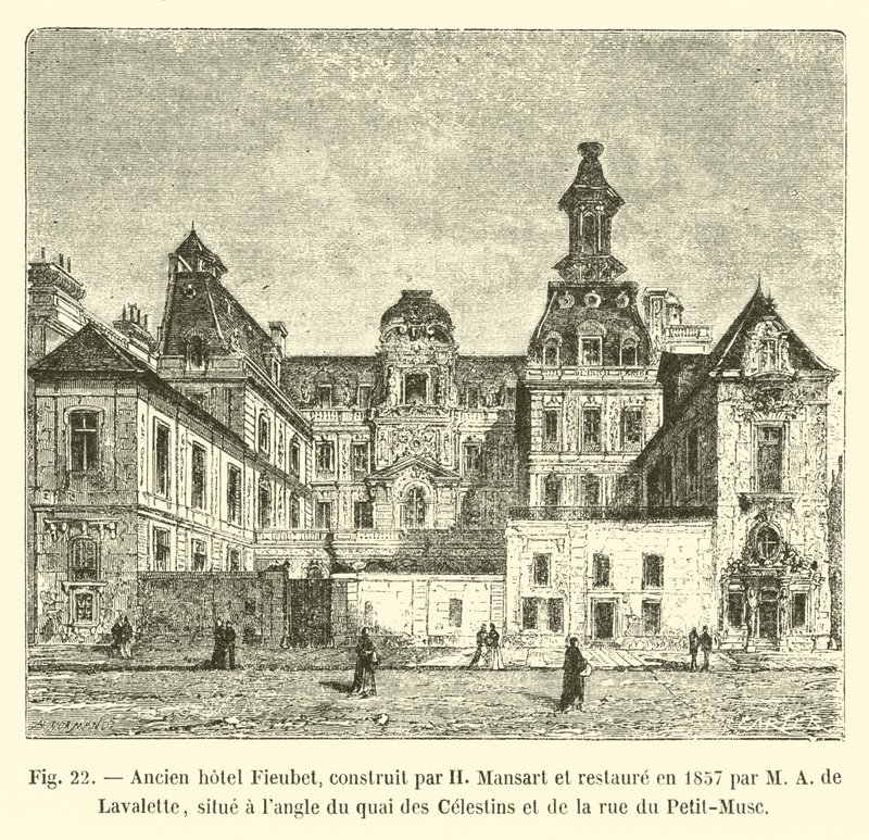 Oud hotel Fieubet, gebouwd door H Mansart en gerestaureerd in 1857 door M A de Lavalette, gelegen op de hoek van quai des Celestins en rue du Petit-Musc door French School