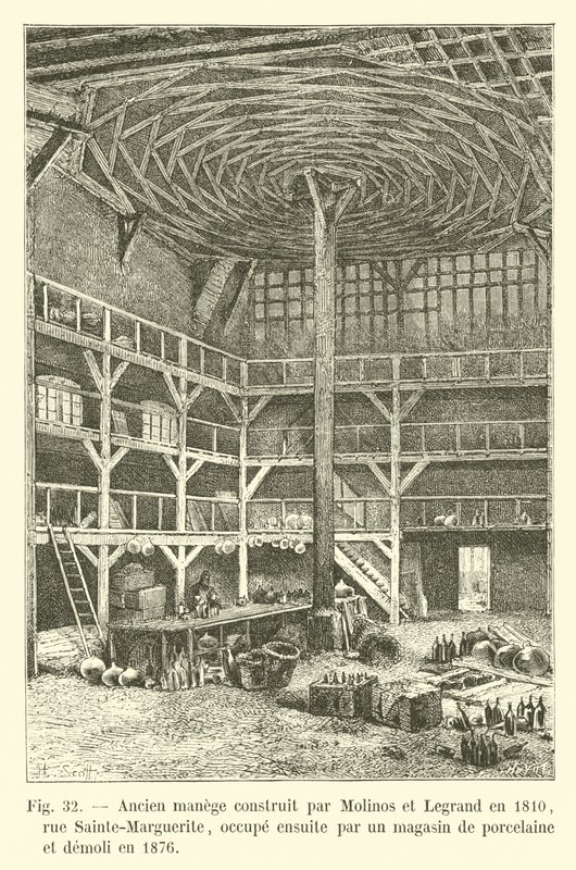 Oude manege gebouwd door Molinos en Legrand in 1810, rue Sainte-Marguerite, later gebruikt als porseleinwinkel en gesloopt in 1876 door French School